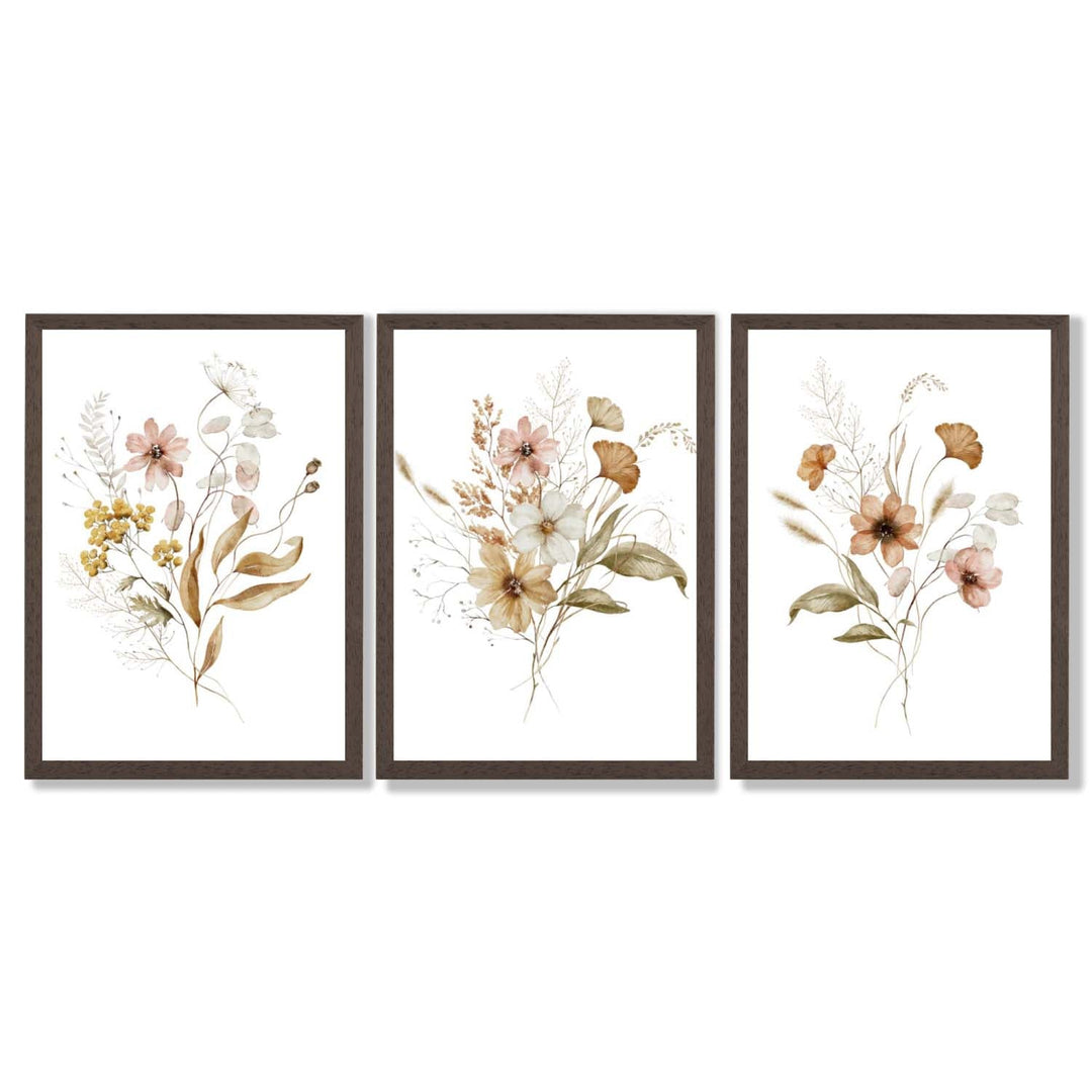 Høstlige villblomsterbuketter – 3 innrammede kunsttrykk
