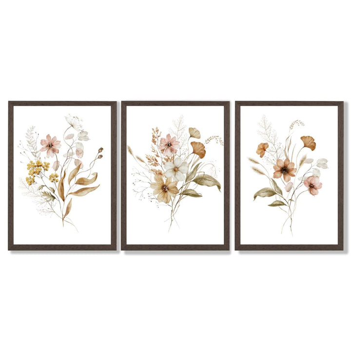 Høstlige villblomsterbuketter – 3 innrammede kunsttrykk