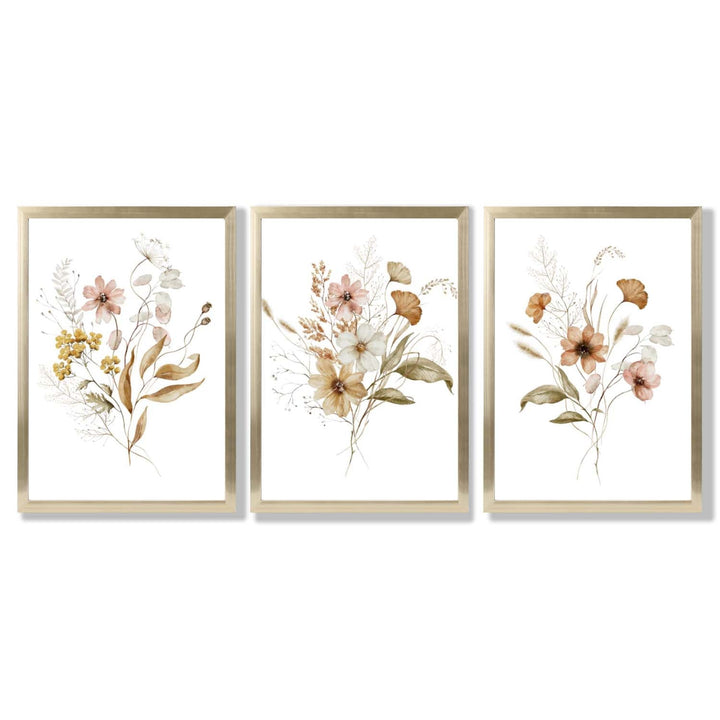 Høstlige villblomsterbuketter – 3 innrammede kunsttrykk