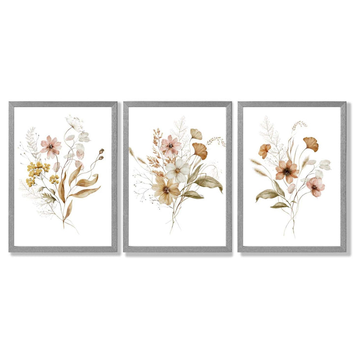 Høstlige villblomsterbuketter – 3 innrammede kunsttrykk