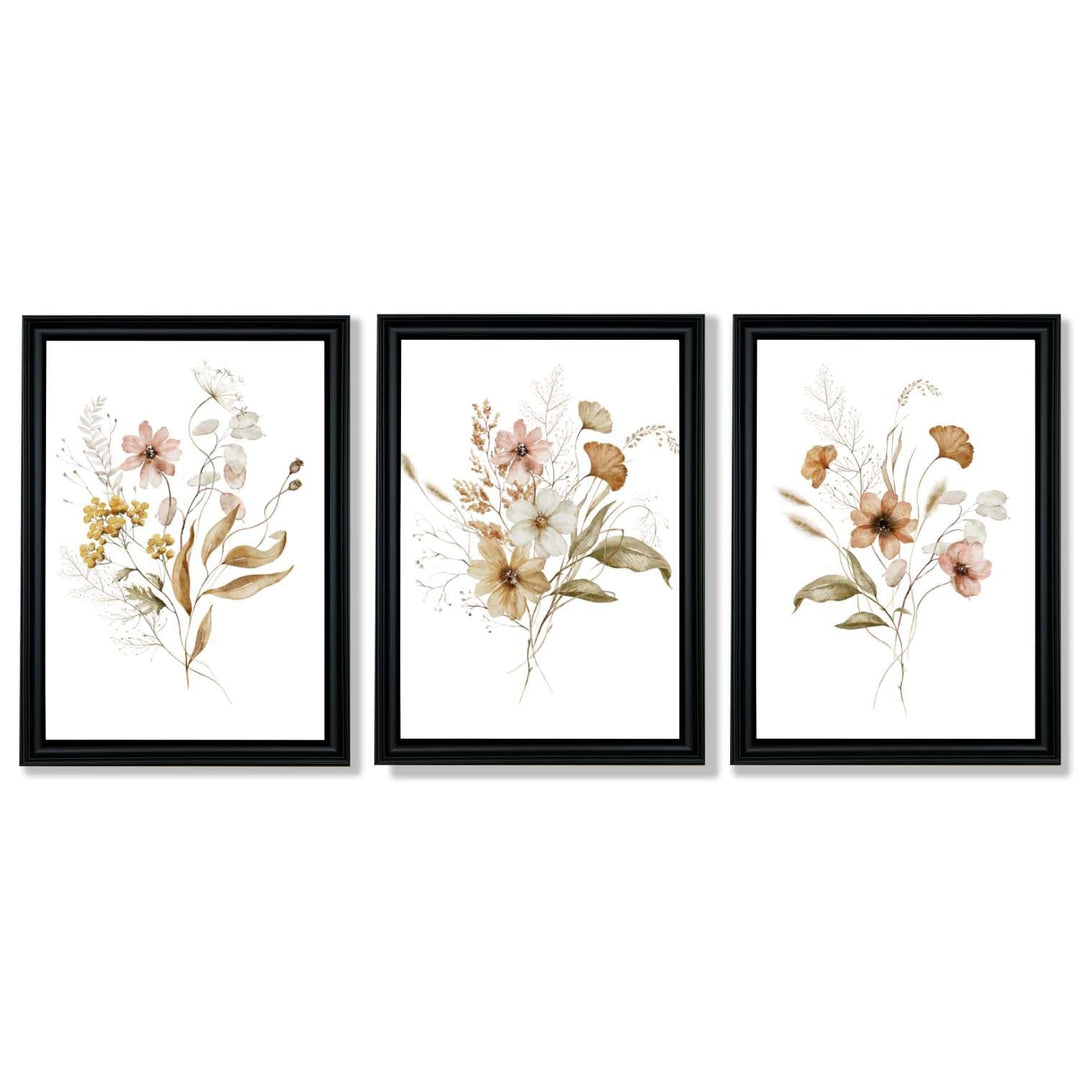 Høstlige villblomsterbuketter – 3 innrammede kunsttrykk