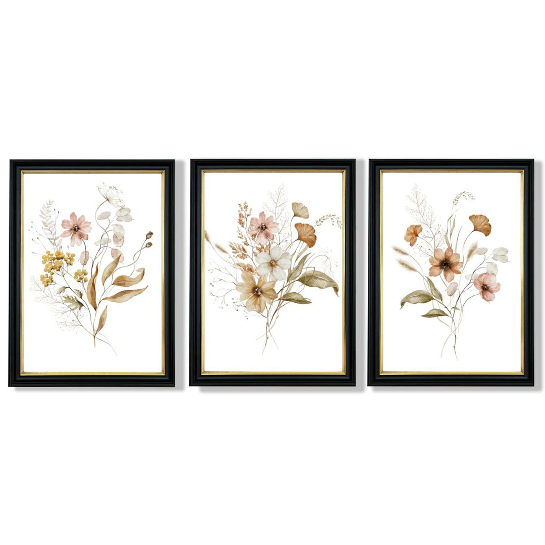 Høstlige villblomsterbuketter – 3 innrammede kunsttrykk