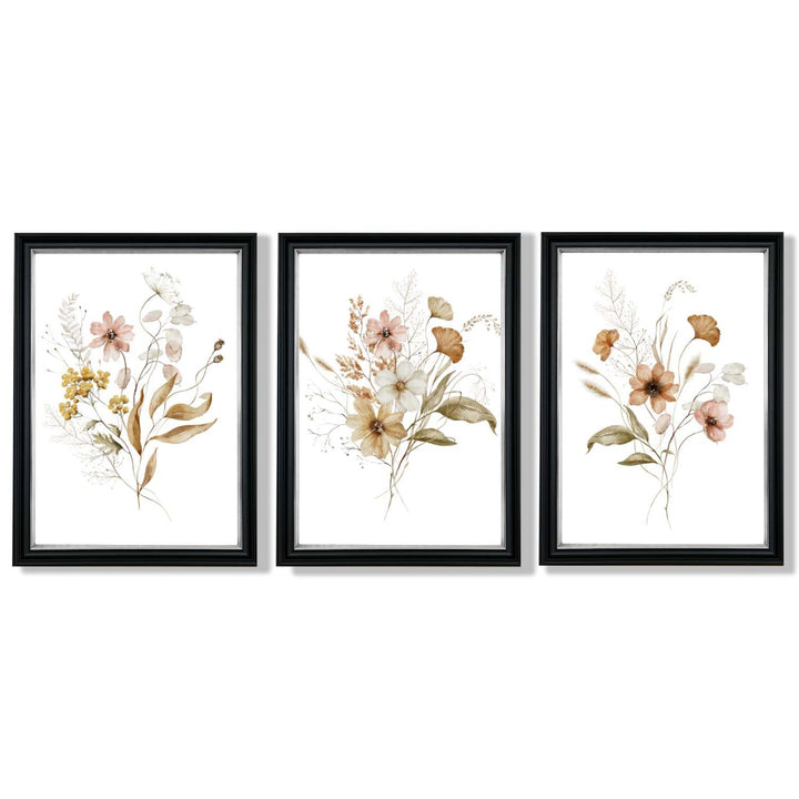 Høstlige villblomsterbuketter – 3 innrammede kunsttrykk