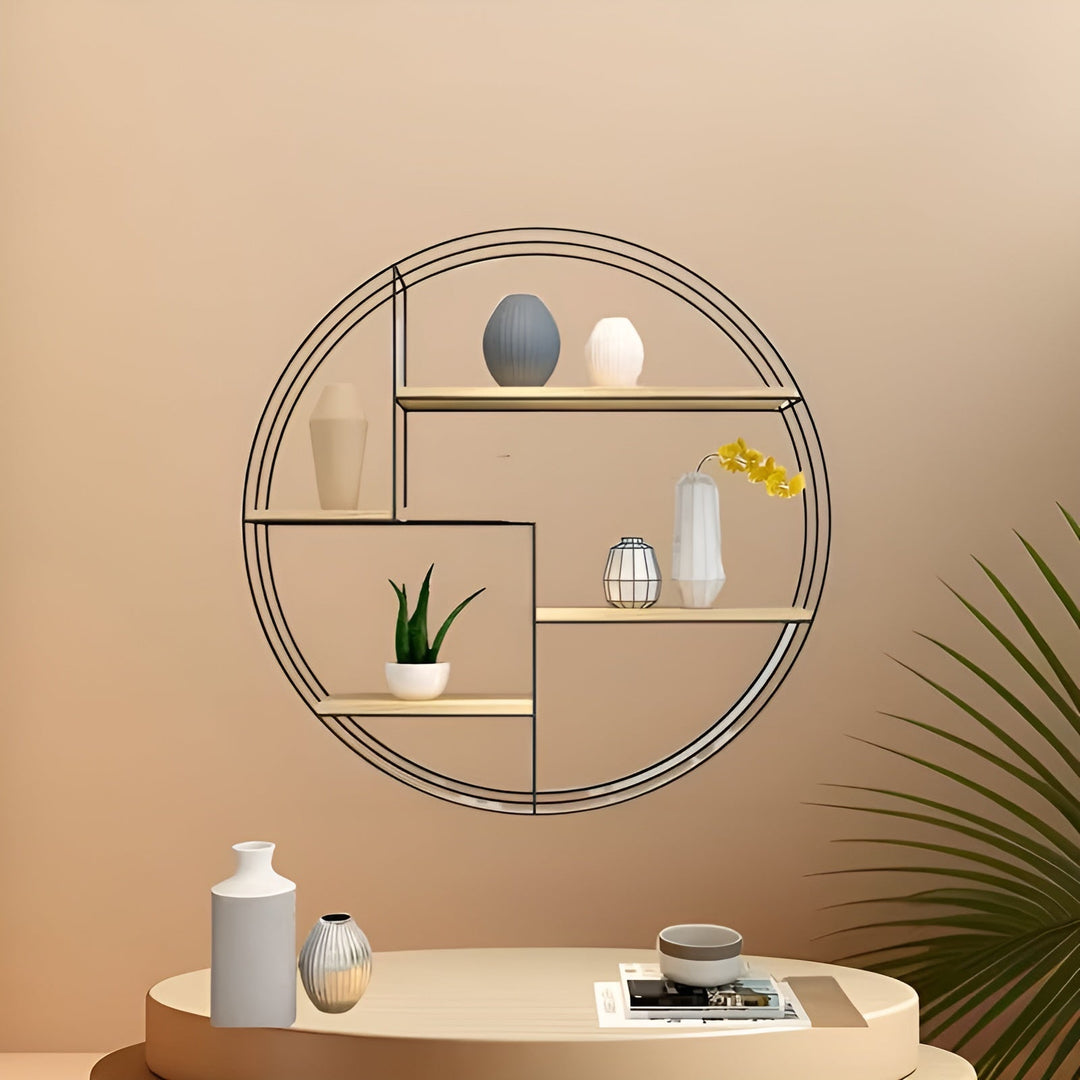 Rund Vegg hylle med 4 nivåer - Retro design laget av tre og metall | Dekorativ hengende hylle for stue, bad og soverom | Skanto
