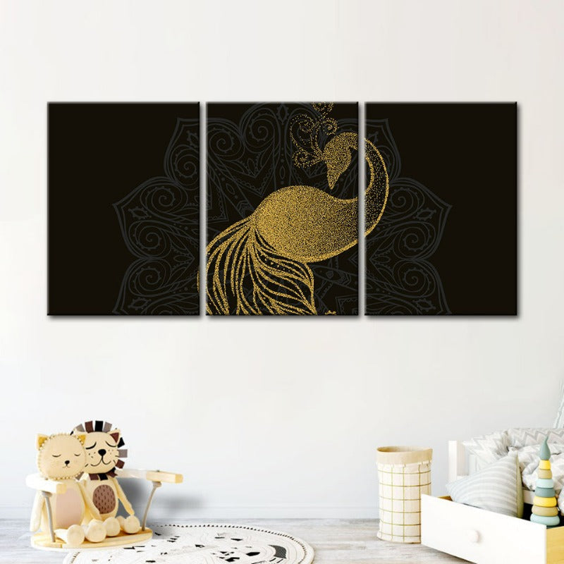 Abstrakt Gyldent Mandala Påfugl - Lerret Veggkunst Maleri 3 Deler | Skanto