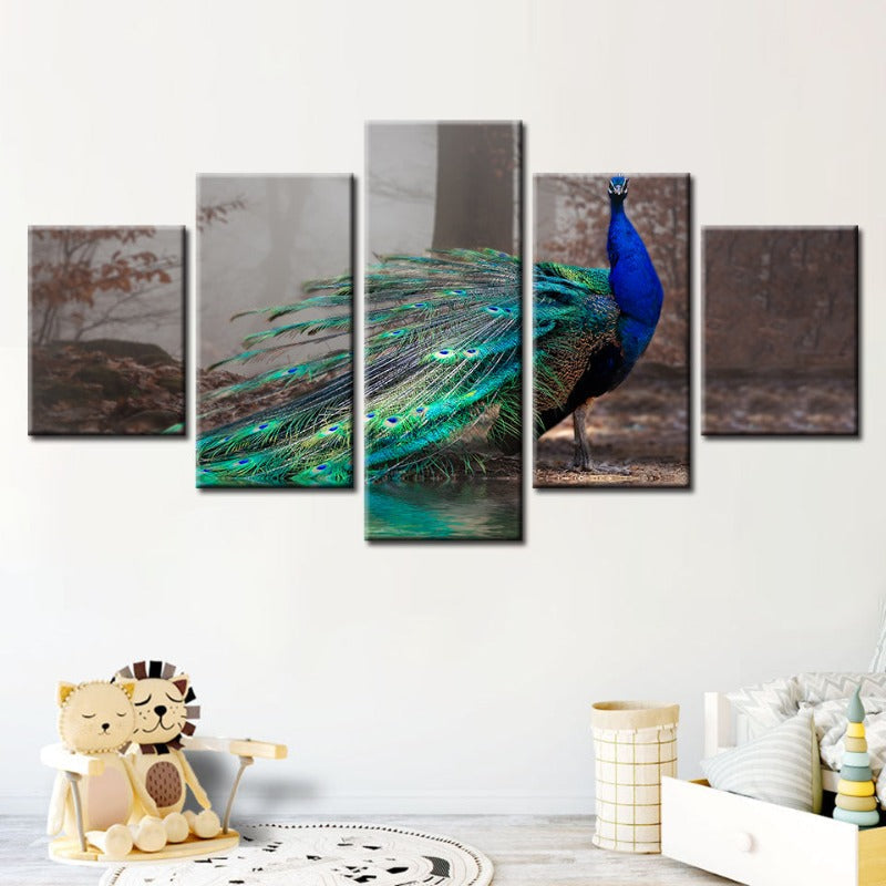 5 Piece Vibrant Peacock by the Pond - Canvas Wall Art Painting | Skanto