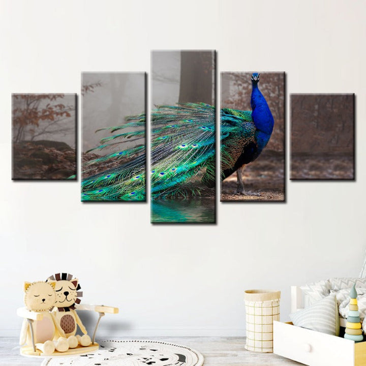 5 Piece Vibrant Peacock by the Pond - Canvas Wall Art Painting | Skanto