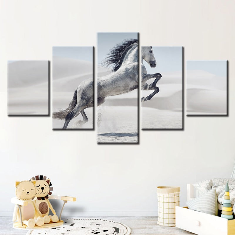 5-Piece Galloping White Horse Canvas Wall Art Painting | Skanto