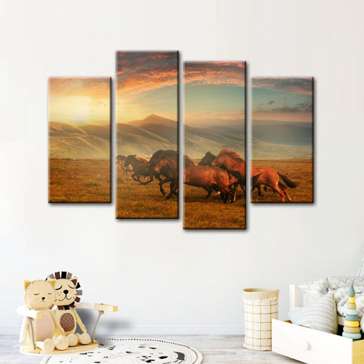 4 Pcs Running Horses with Beautiful Landscape - Canvas Wall Art Painting | Skanto