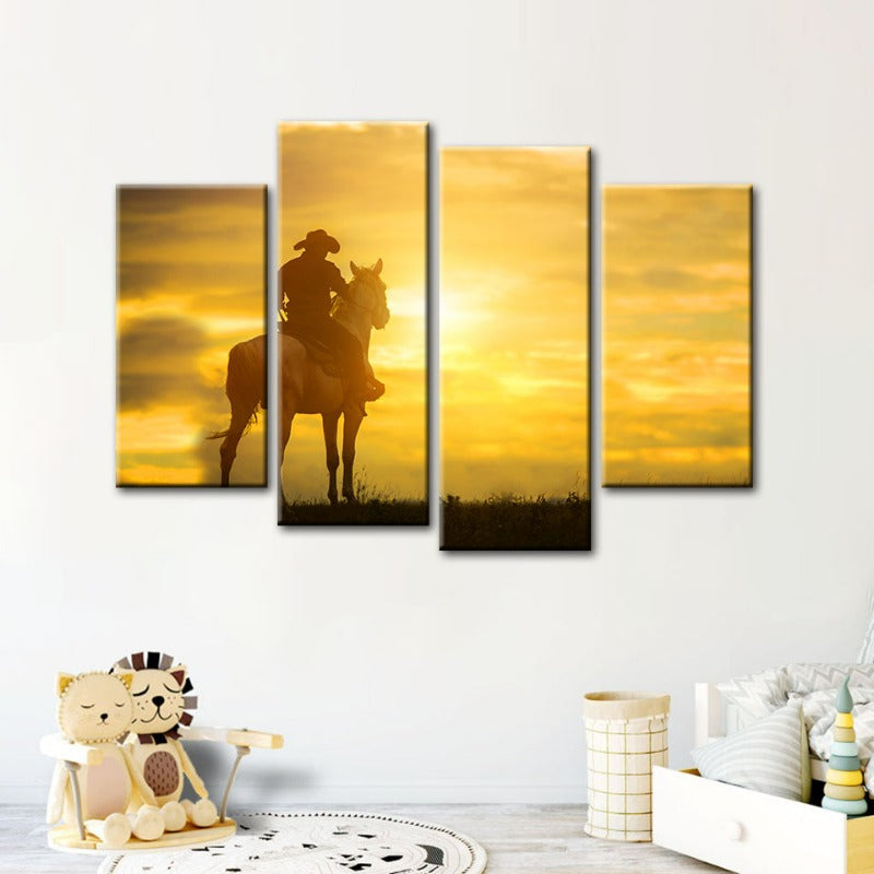 A Cowboy and His Horse - Canvas Wall Art Painting 4 Pieces | Skanto