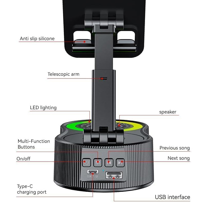 Skanto | 360° Justerbar Telefonsupport med Innebygd Bluetooth Høyttaler