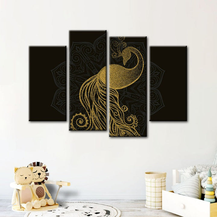Abstract Golden Peacock Mandala Canvas Wall Art Painting 4 Pieces | Skanto
