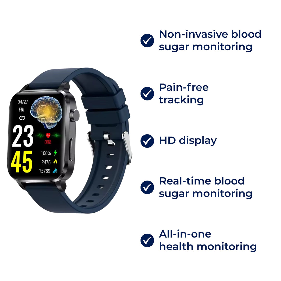 GlucoWell | Ikke-invasiv diabetes-smartklokke – blodsukkermonitor – HD-display – smertefri glukose-sporing for voksne Skanto