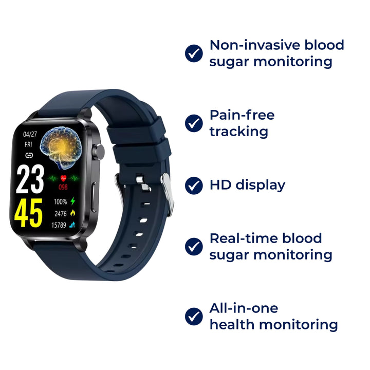 GlucoWell | Ikke-invasiv diabetes-smartklokke – blodsukkermonitor – HD-display – smertefri glukose-sporing for voksne Skanto