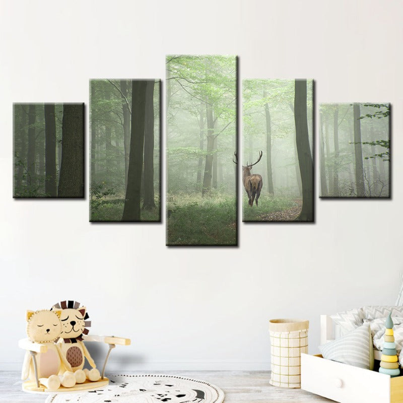 5 Styk Tåke Mystiske Hjort I Skogen - Lerret Veggkunst Maleri | Skanto