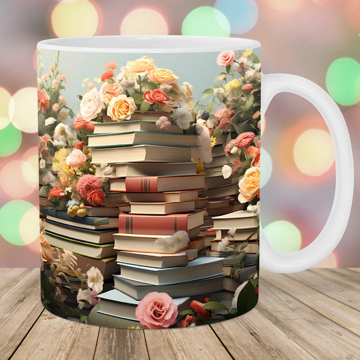 3D Kunstnerisk Vakker Floral Bøker Kaffe Krus - Bokelsker Gave | Skanto
