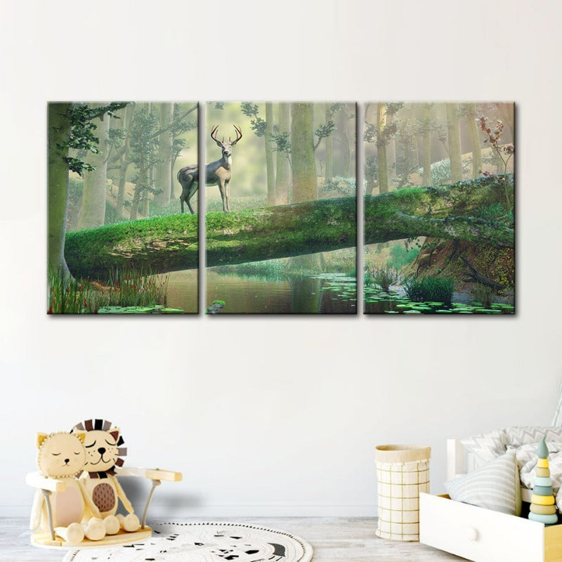 Fortryllende Skog Hjort-Canvas Veggkunst Maleri 3 Deler