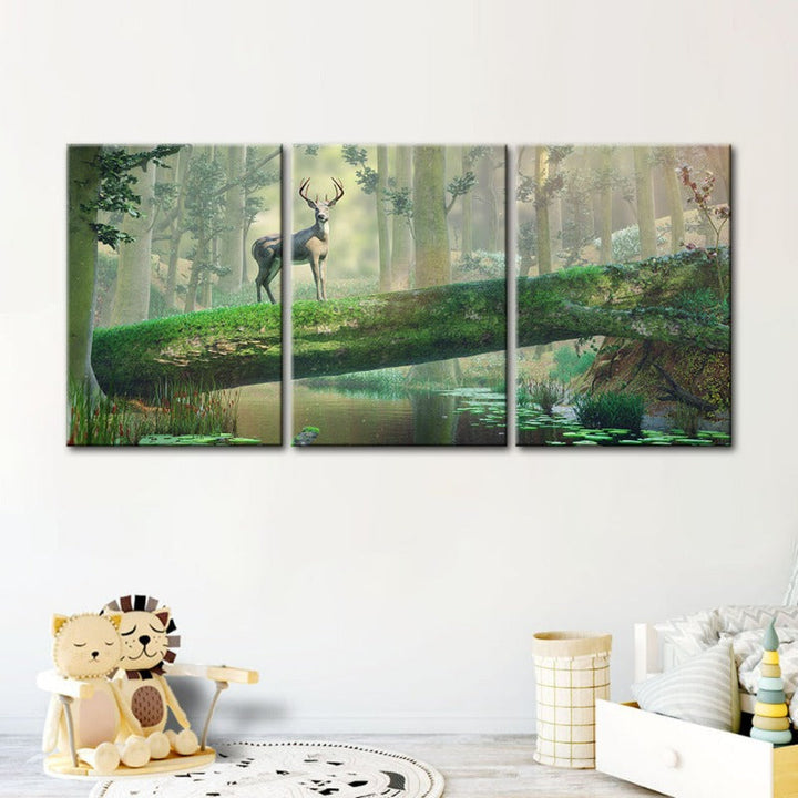 Fortryllende Skog Hjort-Canvas Veggkunst Maleri 3 Deler