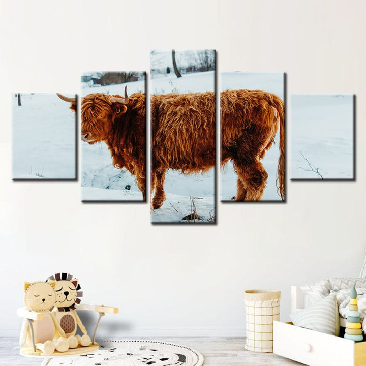 5-delt Curly Haired Cow - Lerret Veggkunst Maleri | Skanto