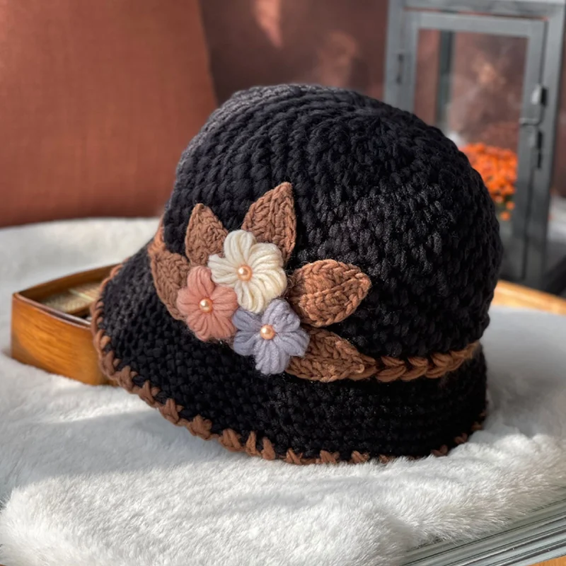 Skanto | Fransk Tykk Kvinne Blomster Strikk Ullhatt