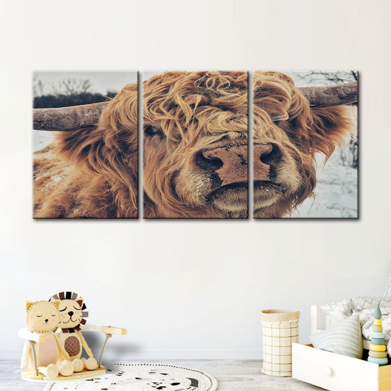 Close Up Brun Kuh-Canvas Veggkunst Maleri 3 Stykker | Skanto