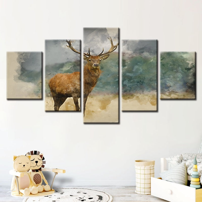 5-delt Aquarell-nivåer Reinsdyr - Lerret Vegkunst Maleri | Skanto