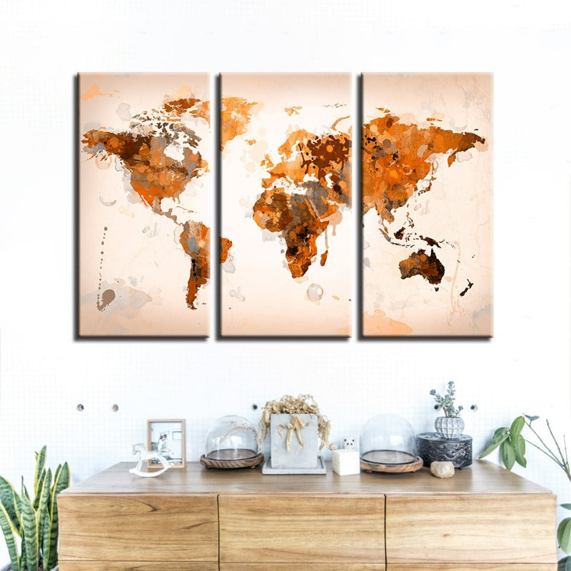 Vakker abstrakt brun verdenskart-lerret-veggkunstbilde 3 deler | Skanto