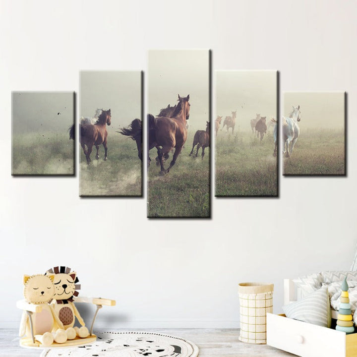 5 Styk Løpende Svart Hingst - Lerret Veggkunst Maleri | Skanto