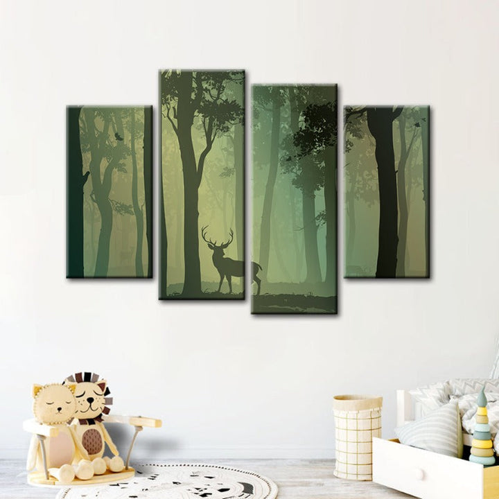 4-Piece Enchanted Green Silhouette Deer - Canvas Wall Art Painting | Skanto