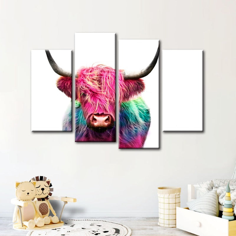4-Piece Colorful Pink Cow Canvas Wall Art Painting | Skanto