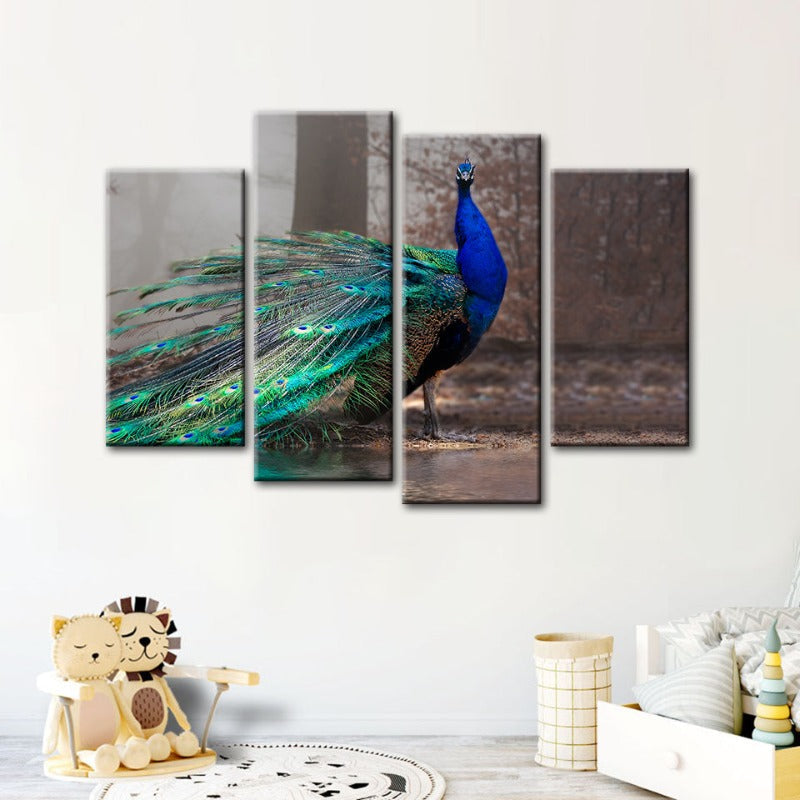 4-Piece Vibrant Peacock by the Pond - Canvas Wall Art Painting | Skanto