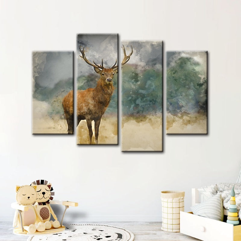 4-Piece Watercolor Ebony Deer - Canvas Wall Art Painting | Skanto