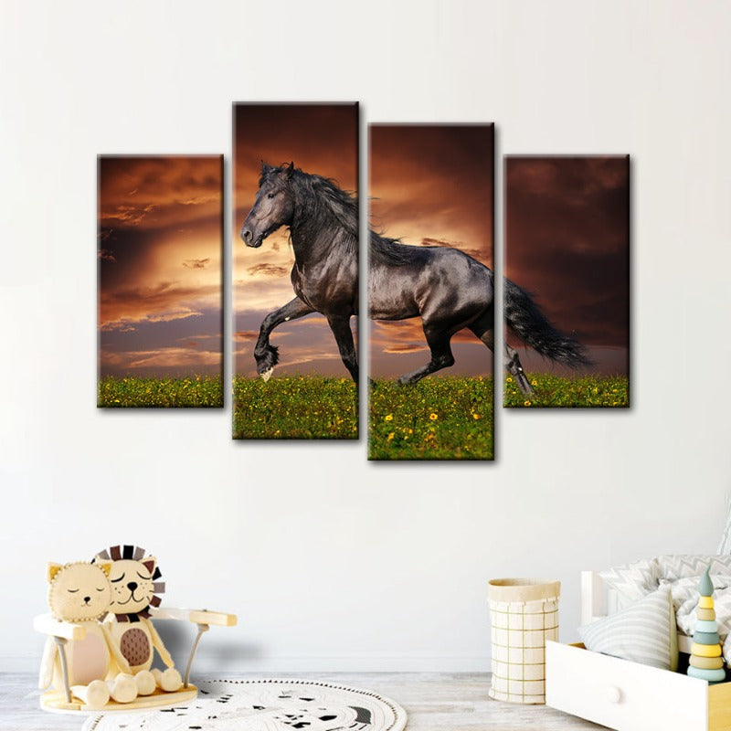 4 Piece Running Black Horse Canvas Wall Art Painting | Skanto