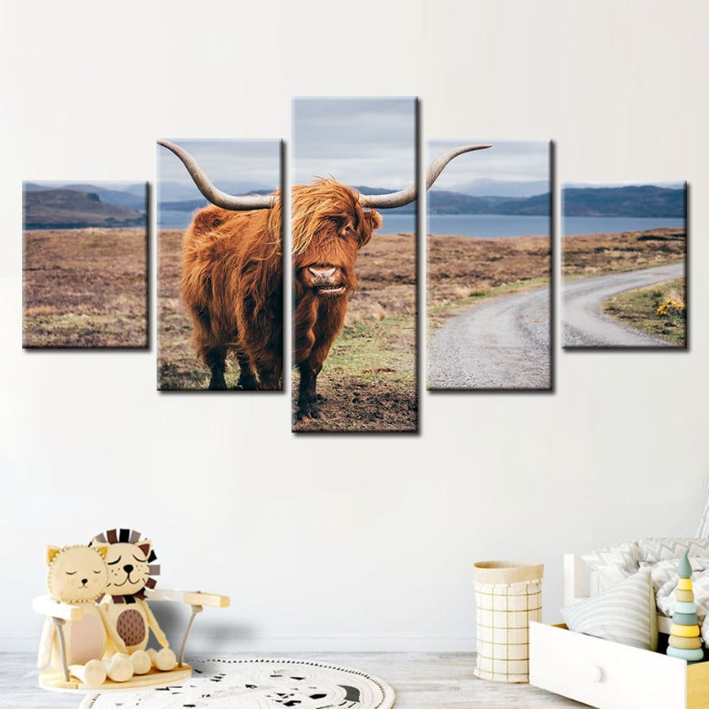 5 Stykke Vakre Brune Ku - Lerret Vegg Kunst Maleri | Skanto