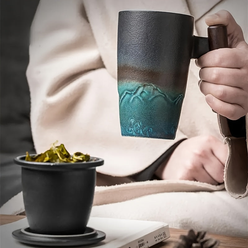 Skanto | TeaCraft Keramisk Kopp | Håndlaget | Med Te-sil og Treskaft | Retro Design