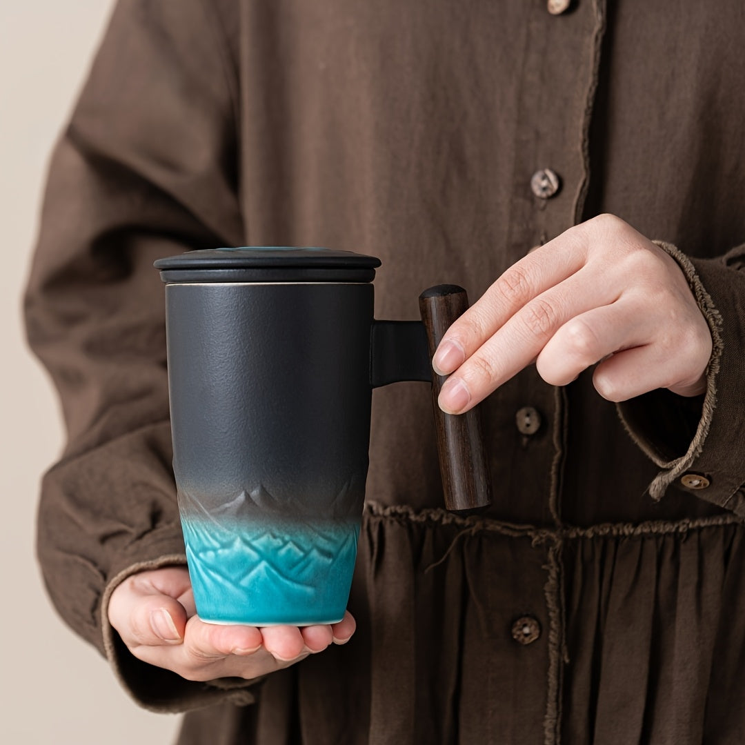 Skanto | TeaCraft Keramisk Kopp | Håndlaget | Med Te-sil og Treskaft | Retro Design