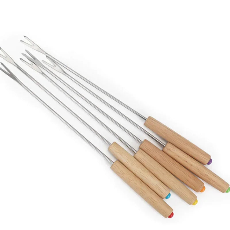 6 stk rustfrie stål gafler med trehåndtak for BBQ leirbål grill | Skanto