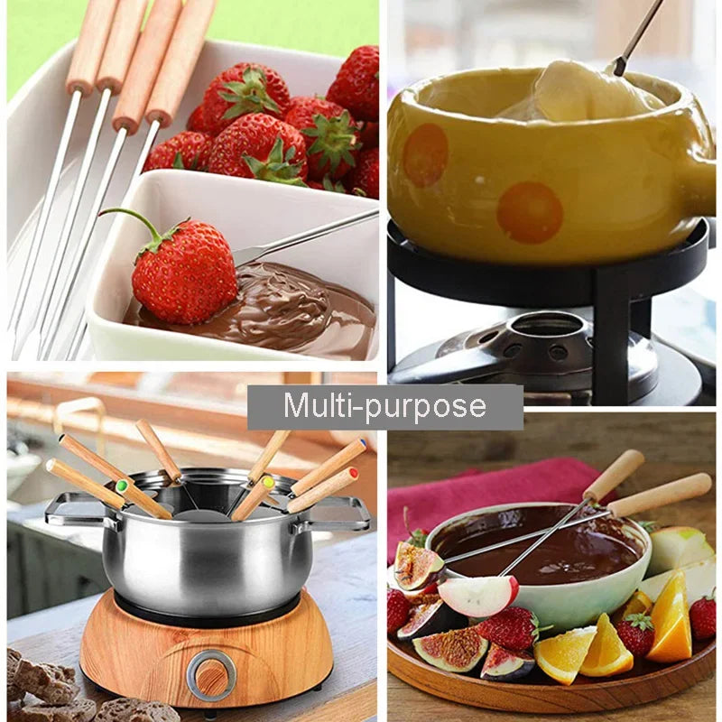 6 stk rustfrie stål gafler med trehåndtak for BBQ leirbål grill | Skanto