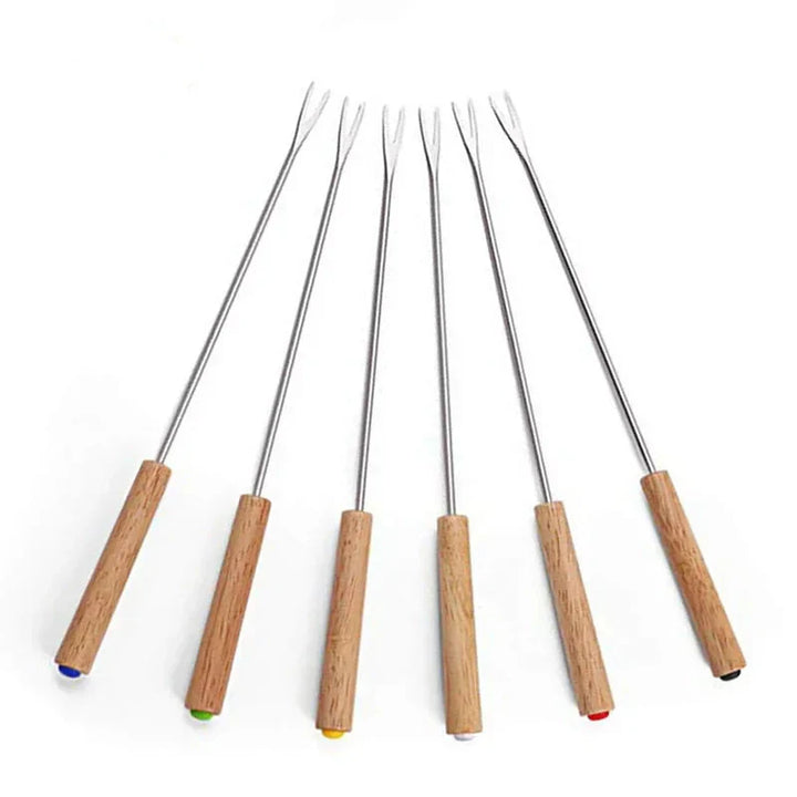 6 stk rustfrie stål gafler med trehåndtak for BBQ leirbål grill | Skanto