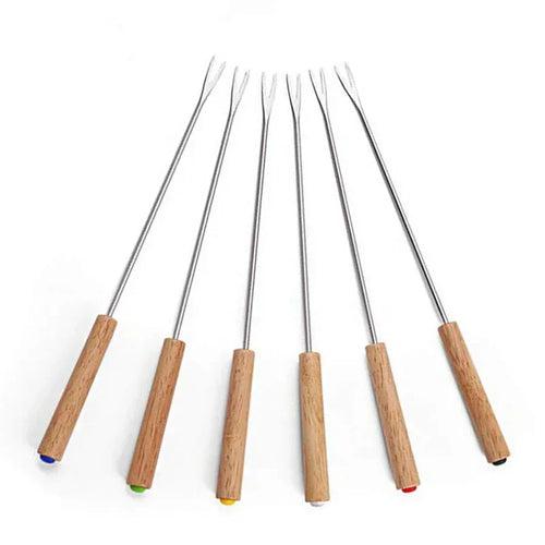 6 stk rustfrie stål gafler med trehåndtak for BBQ leirbål grill | Skanto