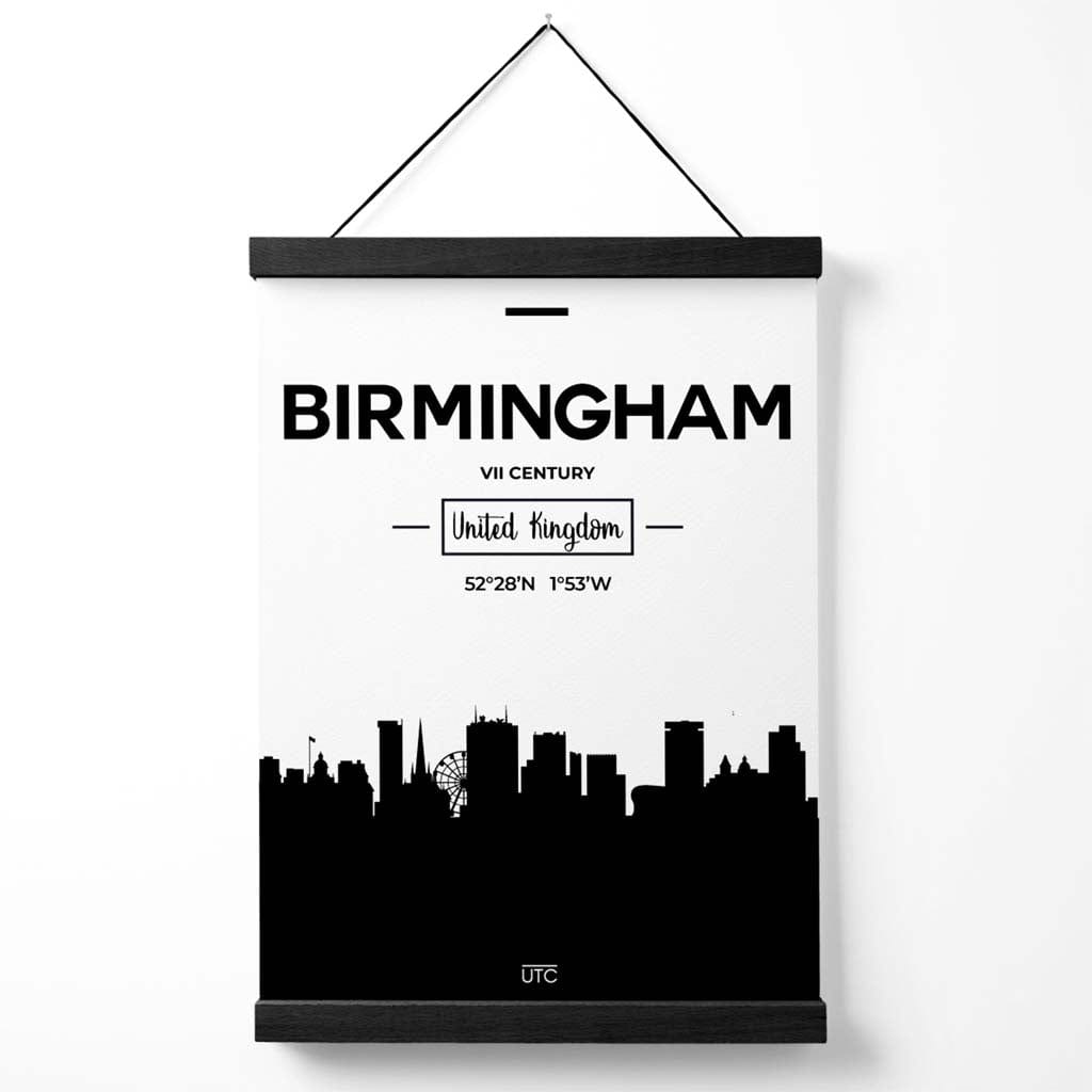 Svart-hvitt-plakat fra Birmingham med skylinemotiv (inkludert oppheng)