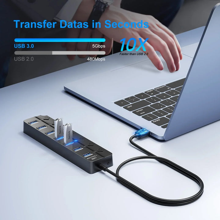 Skanto | 7-Port USB 3.0 Hub med Strømbryter – PortMaster (1+1 GRATIS)