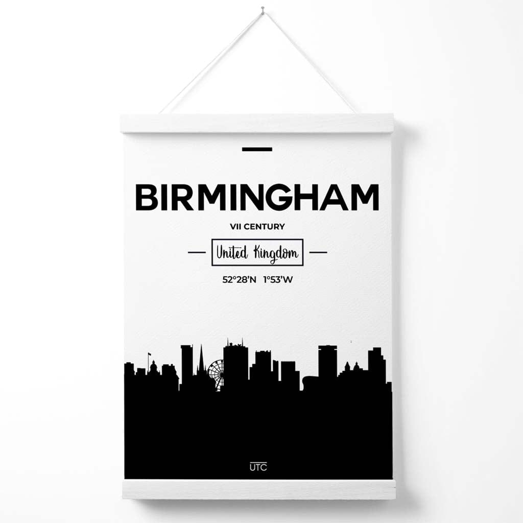Svart-hvitt-plakat fra Birmingham med skylinemotiv (inkludert oppheng)