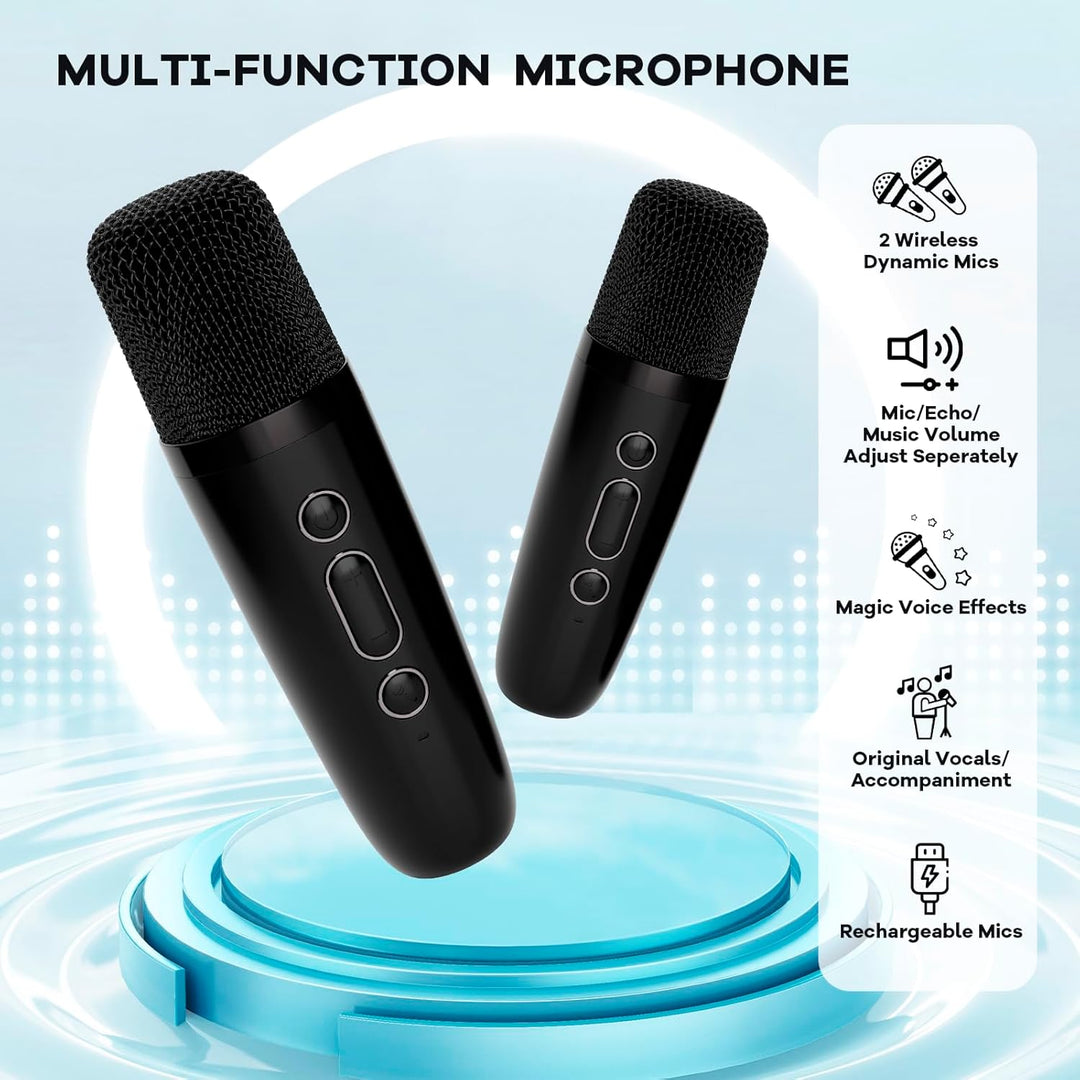 Skanto | Bærbar Mini Karaoke-maskin med Bluetooth-høyttaler og 2 trådløse mikrofoner – Veylo