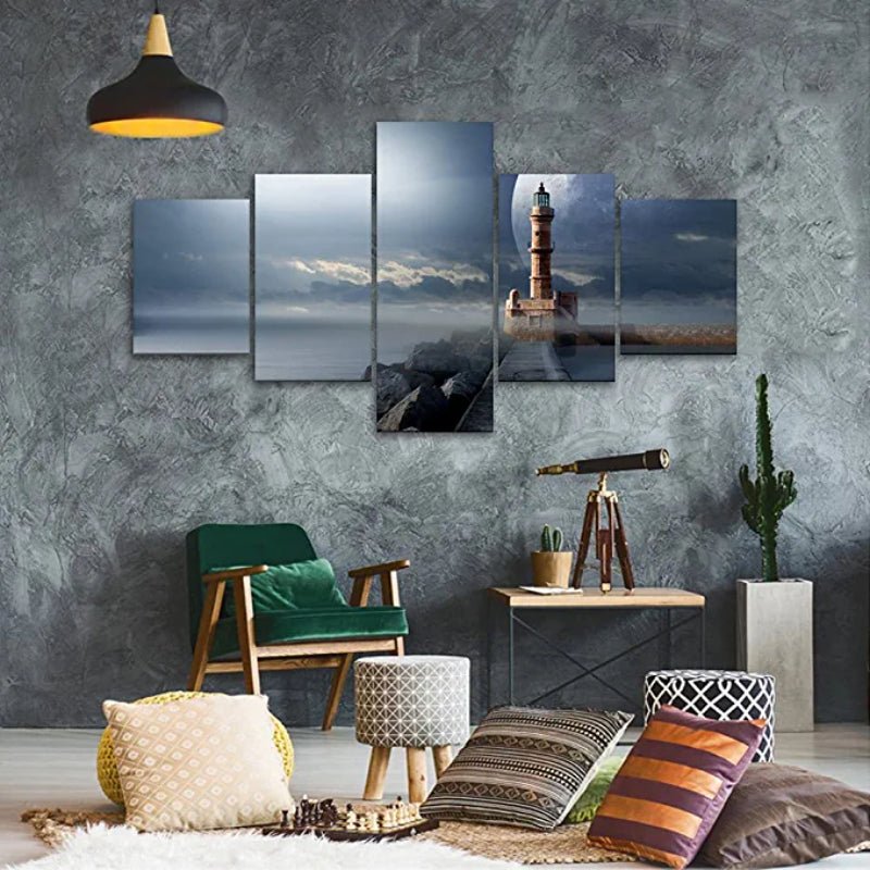 5 pc Lighthouse Night Scene Artwork Canvas Print | Skanto