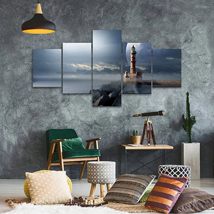 5 pc Lighthouse Night Scene Artwork Canvas Print | Skanto