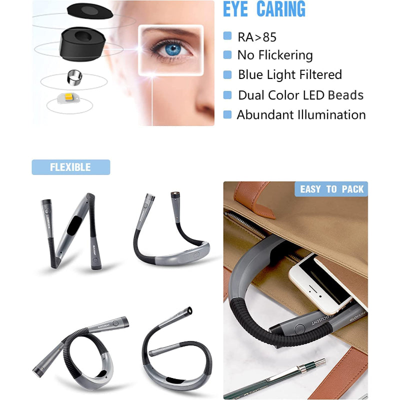 LED-leselampe, egnet for lesing og opplesing, 3 farger, 6 lysalternativer, fleksibel arm, bærbar, holdebar, perfekt for lesing, lesing, camping, reparasjon