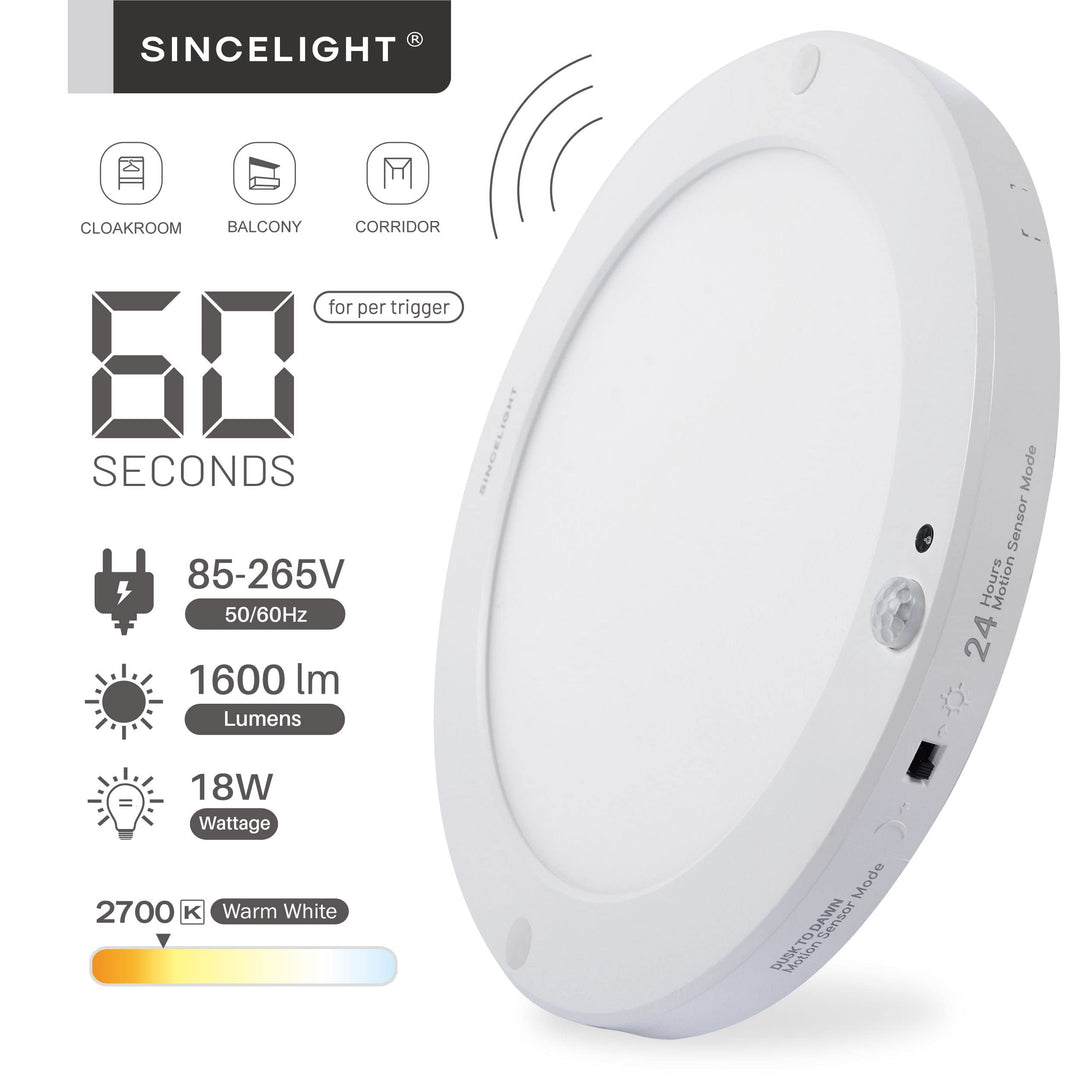 Skanto | Sincelight Pir Led Bevegelsessensor Taklampe, 18W Ultrathin, Varm Hvit, Skumringslys