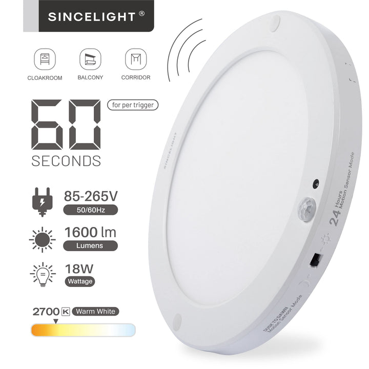Skanto | Sincelight Pir Led Bevegelsessensor Taklampe, 18W Ultrathin, Varm Hvit, Skumringslys