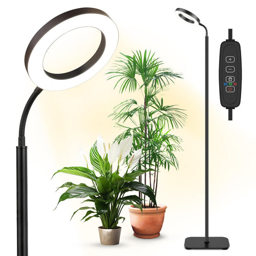 Skanto | Vekstlys for innendørs planter Full Spektrum, Plante vekstlys, 20W Led gulv plantevekstlampe med høydejusterbar stå, Avbryter timer 3/9/12H, 10 dimbare lysstyrker for små store planter, Rund